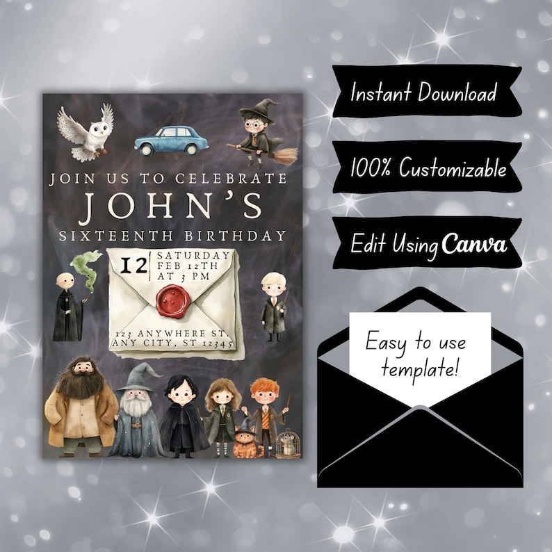 May include: A Harry Potter themed birthday invitation with a dark background and a watercolour illustration of characters from the books. The invitation says "Join us to celebrate John's Sixteenth Birthday" and includes the date and time of the party.