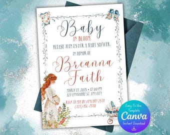 Bloemenuitnodiging babyshower | Roodharige babyshower | Bloemen babyshower | Blauw en oranje babyshower | Bewerkbare canvassjabloon | Direct