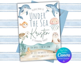 Under The Sea Birthday Invitation | Ocean Theme Birthday Party | Ocean Birthday Invitation | Editable Canva Template | Instant Download |