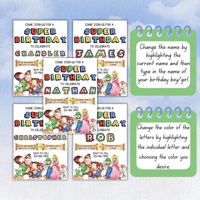 Puede incluir: Seis invitaciones imprimibles para una fiesta de cumplea&ntilde;os con tem&aacute;tica de Super Mario. Cada invitaci&oacute;n presenta un personaje diferente de la serie de videojuegos Super Mario, incluyendo Mario, Luigi, Peach, Toad, Donkey Kong y Yoshi. Las invitaciones son personalizables con el nombre del ni&ntilde;o de cumplea&ntilde;os y el esquema de color.