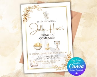 Gouden Primera Comunión-uitnodiging | Spaanse Eerste Heilige Communie | Direct downloaden | Digitale afdruk | Canvassjabloon