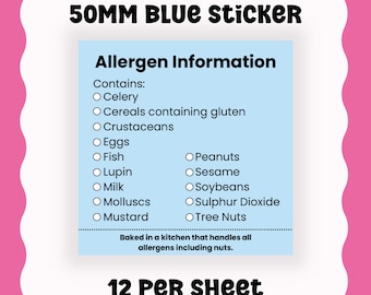 Allergenetiketter för bagare: Etiketter för livsmedelsingredienser (12 per ark)
