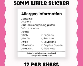 Allergenetiketter för bagare: Etiketter för livsmedelsingredienser (12 per ark)