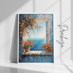 May include: A painting of a window with a view of the ocean. The window is framed by a blue wall and has a white windowsill. There are orange flowers in pots on the windowsill.