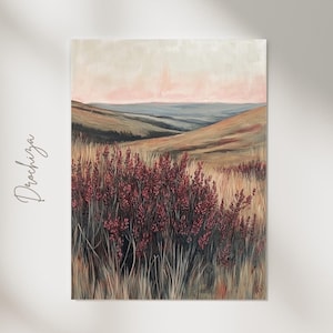 Pintura de paisagens de Heather Fields | Arte de parede rústica com natureza | Download digital
