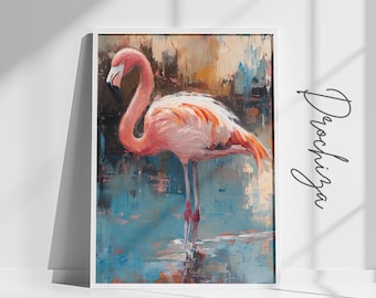 flamenco descargar imprimir | Pintura de pájaro rosa | Ilustración de vida salvaje tropical: arte animal contemporáneo expresivo para interiores vibrantes