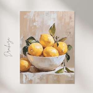 Pintura a óleo de limão | Impressão artística de limão de Sorrento | Decoração de parede para cozinha rústica | Download digital