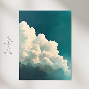May include: A painting of a large, fluffy white cloud against a teal blue sky. The cloud fills most of the image, with only a small portion of the sky visible at the top.