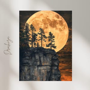 Kunstvolle Mondlichtklippe | Wandkunst mit Vollmond und Naturlandschaft | Digitaler Gemäldedruck