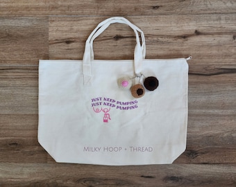 Bestickt Just Keep Pumping strapazierfähiges Segeltuch Pumping Einkaufstasche Brusttasche für stillende Mütter