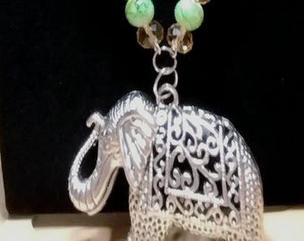 Boho Elephant Pendant Necklace, Earthy Green Beaded Statement Jewelry