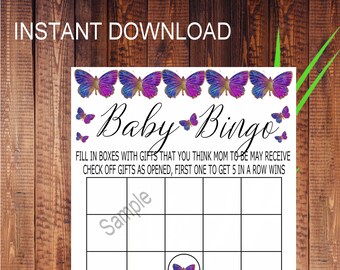 Printable Baby Shower Bingo Game with Purple & Blue Butterflies and Gold Accents Baby Shower Games Ideas Instant Download Baby Bingo