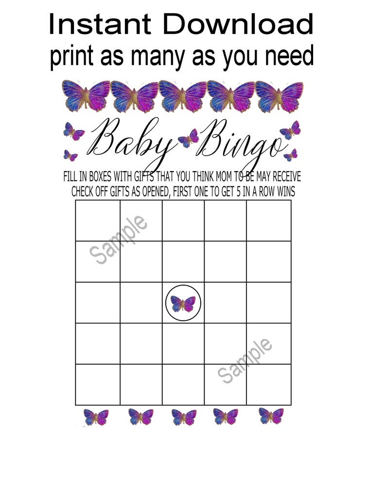 Printable Baby Shower Bingo Game With Purple &amp; Blue Butterflies and ...