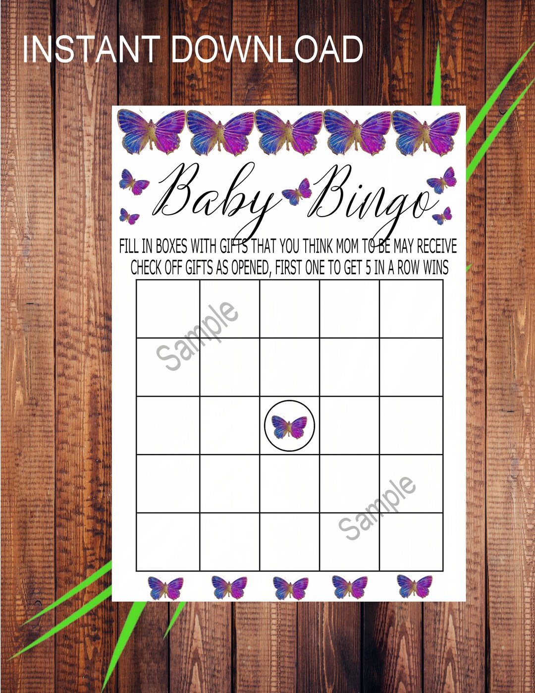 Printable Baby Shower Bingo Game With Purple &amp; Blue Butterflies and ...