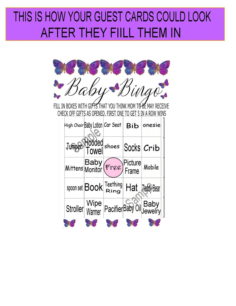 Printable Baby Shower Bingo Game With Purple &amp; Blue Butterflies and ...