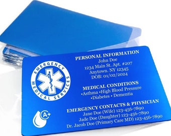 Personalized Emergency Medical Contact Card ID FREE SHIPPING