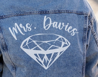 Denim jacket patch for bridal jacket, custom iron on transfer for wedding, mrs bride iron on, bride iron on patch, diamond iron on