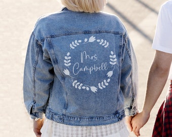 Custom iron on patch for bride denim jacket, personalised Mrs jean jacket transfer, bridal shower gift