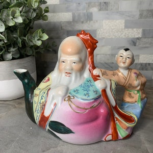 Vintage Chinese Buddha Teapot, Shou Lau Longevity God And Boy Porcelain Antique Teapot, Sau Seated Wise Man With Boy Handle Tea Pot
