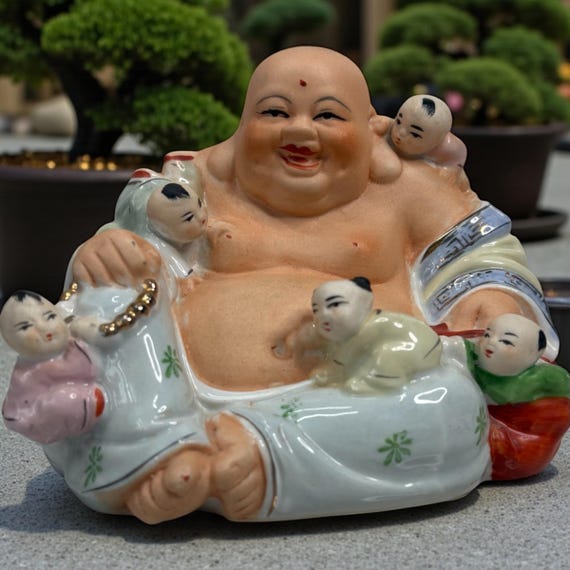 Laughing Buddha With Five Children – Porcelain Figurine of Joy