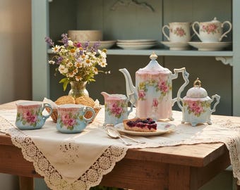 Pastel rose porcelain tea set • 5 cup mid‑century japan • gold trim teapot sugar creamer