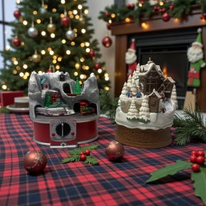 May include: Two Christmas-themed musical snow globes on a red and black plaid tablecloth. One globe features a train scene, the other a snowy mountain village. Decorative ornaments and a Christmas tree are in the background.