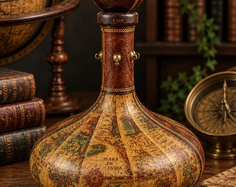 May include: A decorative decanter featuring a vintage world map print in shades of tan, brown, and green. The bottle has a rounded base, a slender neck with small brass-colored metal rings, and a spherical stopper in a dark, mottled brown finish.