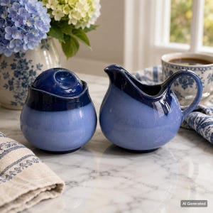 May include: A ceramic sugar bowl with a lid and a matching creamer pitcher, both featuring a two-tone design with a dark navy blue upper section and a lighter periwinkle blue base. The pieces have a smooth, glossy finish and rounded shapes.