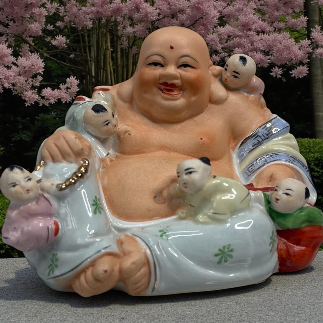 Laughing Buddha With Five Children – Porcelain Figurine of Joy