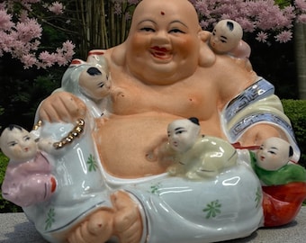 Laughing Buddha with Five Children – Porcelain Figurine of Joy & Blessings