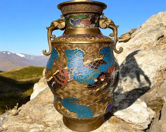 Antique Japanese Champlevé Vase – Double Dragon & Elephant Handles