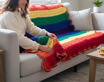 Manta afgana vintage de ganchillo con diseño de arcoíris – Manta hecha a mano – 46” x 66”