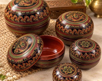Vintage Burmese Lacquerware Nesting Boxes Set of 5 Peacock Lotus Trinket Boxes