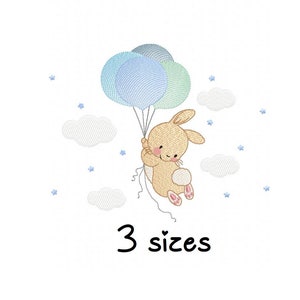 Cute Bunny balloon embroidery design, animals embroidery design machine, baby embroidery pattern file instant download, newborn embroidery