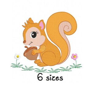 May include: A cute cartoon squirrel holding an acorn, surrounded by green grass and pink and white flowers. The text "6 sizes" is below the squirrel.