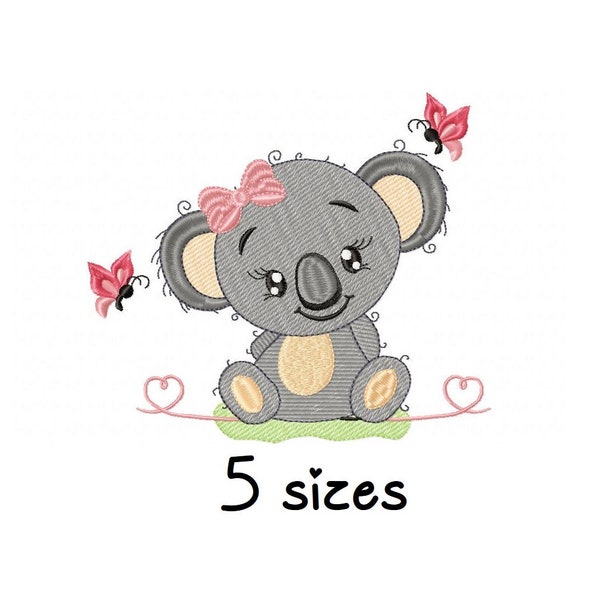 Niedliche Koala Girl Stickdatei, Tiere Stickdatei Maschinenstickerei, Neugeborene Stickmuster, Datei instant download, BabyStickerei