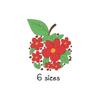 Pode incluir: Desenho de bordado vermelho e verde de uma maçã em forma de flor com o texto "6 tamanhos".