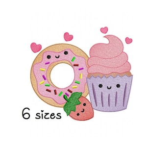 May include: A pink donut with sprinkles, a pink cupcake with purple frosting, and a red strawberry with a happy face. The image includes the text "6 sizes".