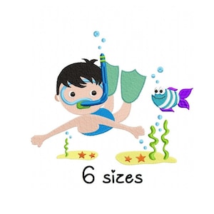 Broderidesign för dykarpojke, maskinbroderidesign för baby, broderimönster för nyfödd, filnedladdning direkt, broderidesign för hav