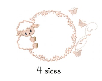 May include: A pink and white embroidery design of a lamb peeking out of a circular frame with butterflies and floral accents. The design is available in four sizes.