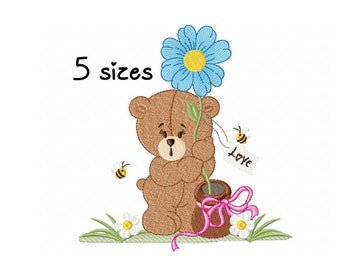 Lindos diseños de bordado de flores de oso, diseño de bordado a máquina para bebés, patrón de bordado para recién nacidos, descarga instantánea de archivos, diseño para niños