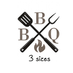 May include: Black and white BBQ logo with a spatula and a fork crossed over each other. The letters BBQ are in a gray font. A flame is in the center of the design. The text "3 sizes" is below the design.