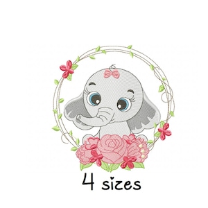 Cute Elephant Flower embroidery design, animal embroidery design machine, Newborn embroidery pattern, file instant download, baby embroidery