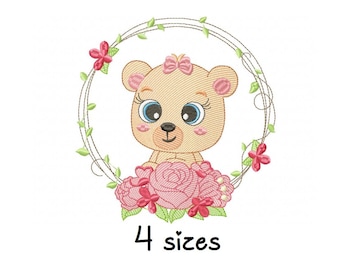 Diseño de bordado de flores de oso lindo, diseño de bordado de animales a máquina, archivo de patrón de bordado para recién nacidos descarga instantánea, bordado de bebé