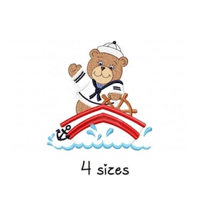 May include: A brown teddy bear wearing a sailor hat and a white shirt with a blue collar and stripes is steering a red boat with a white anchor on the side. The boat is in blue water with white splashes.