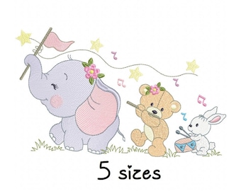 Elefant und Freunde Mädchen Stickdatei, Baby Stickdatei Maschine, Neugeborenen Stickmuster, Datei Sofort Download, Tier Design