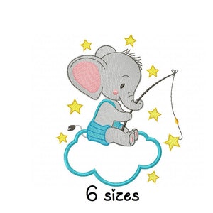 May include: A gray elephant with pink ears sits on a blue cloud holding a fishing rod. The elephant is wearing blue overalls. Yellow stars surround the elephant and cloud.