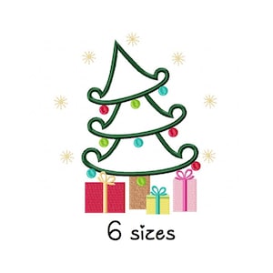 Pode incluir: Um contorno verde de uma árvore de Natal com enfeites vermelhos, verdes e azuis e estrelas douradas. Três presentes estão na base da árvore, um vermelho, um amarelo e um rosa.