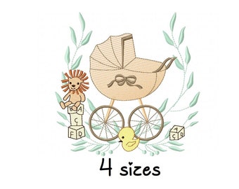 Baby Stroller embroidery design, Animals embroidery design machine,  newborn embroidery pattern, file instant download,baby embroidery