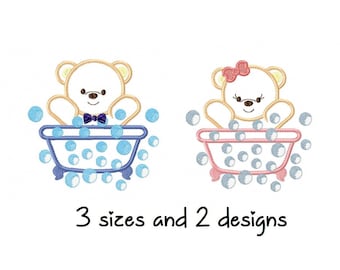 Bath Bears Applique embroidery design, Baby embroidery design machine, bear embroidery pattern, file instant download, Newborn embroidery
